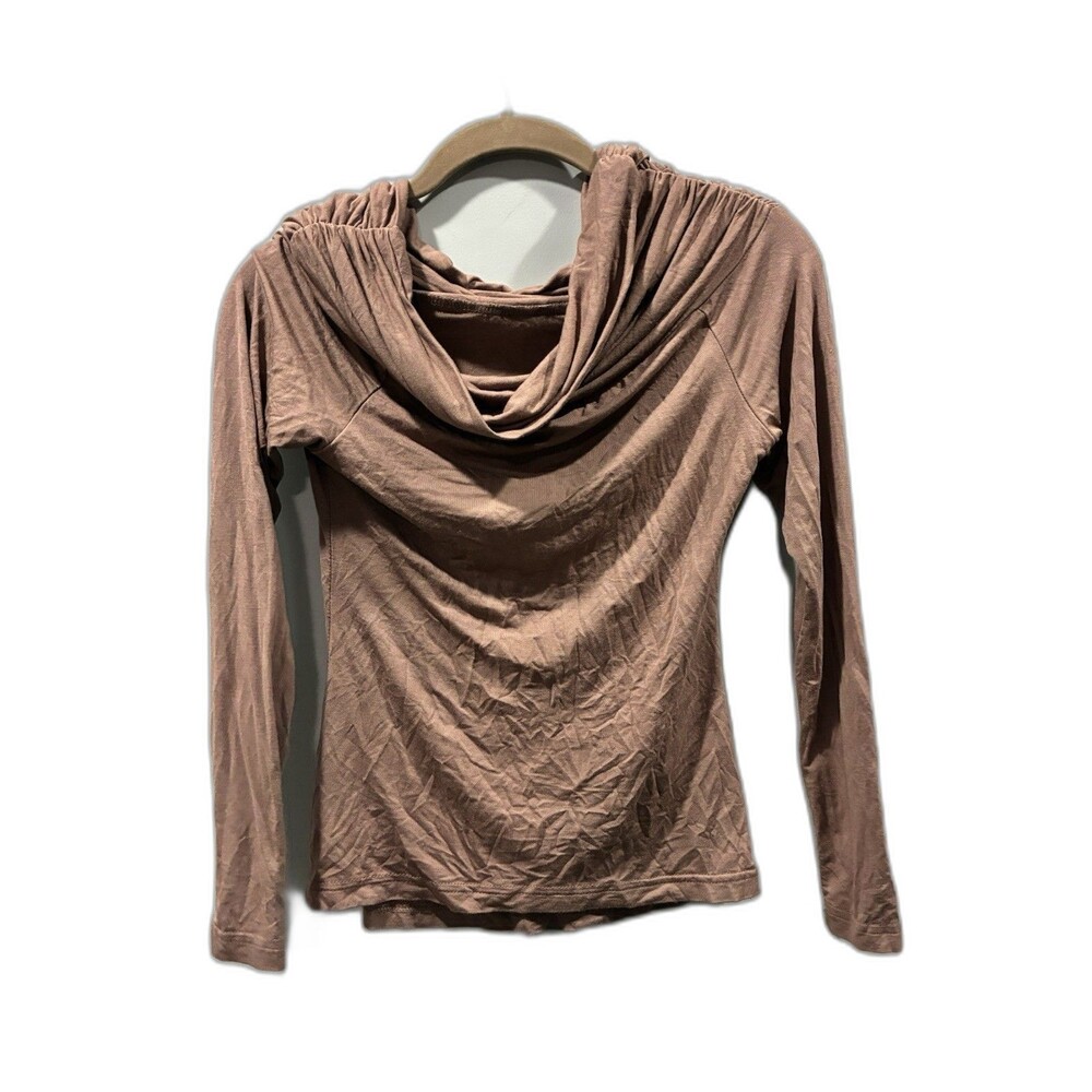 HT Cowl Neck Ruched Long Sleeve Top Brown Viscose Stretch XS Soft Drape Blouse